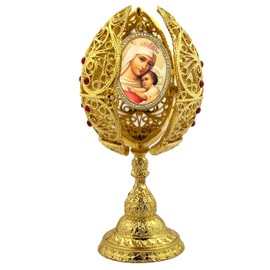 Virgin Mary Russian Icon Egg, Virgin Mary of Hope and Christ Filigree Egg, Triptych 6 inch, Religious Gift