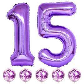 15th Birthday Balloons for Girls, 15 Inch Giant Purple Foil Number 15 Balloons with Purple Confetti Balloons Kit, Digit 1 & 5 Helium Balloons for Boys Women Men 15th 51st Anniversary Party Decorations