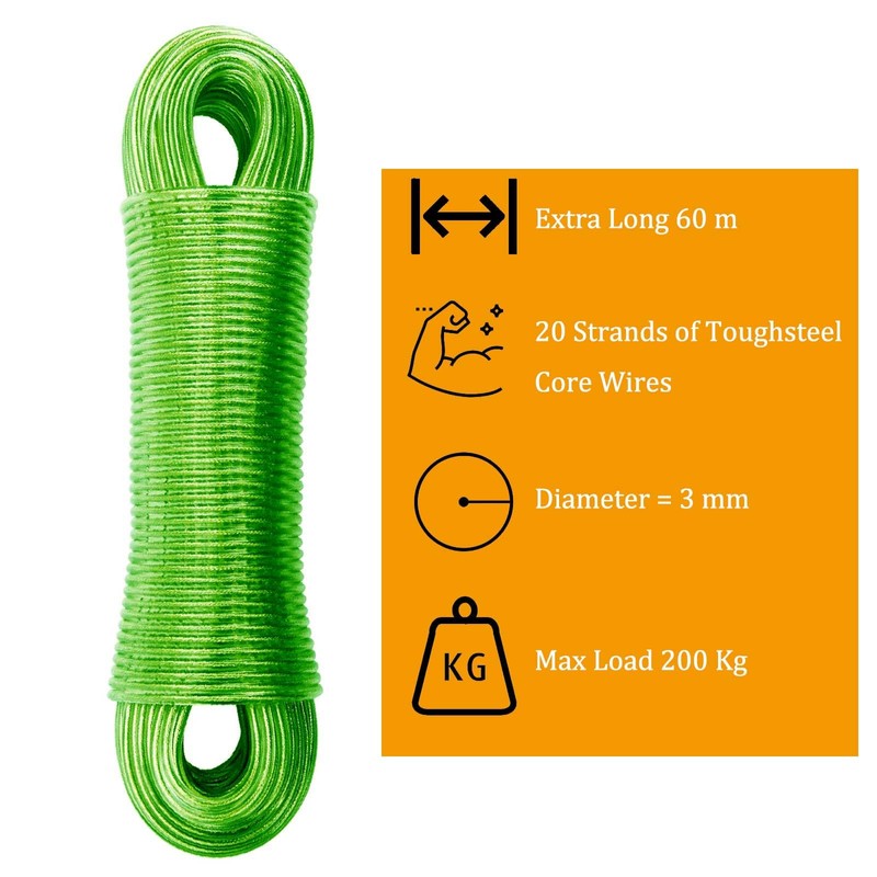 Washing Line Rope Strong, 20m Heavy Duty Extra Strong Steel