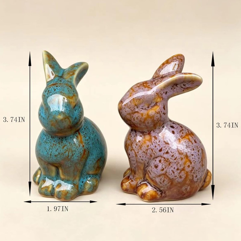 Set of 2 Small Ceramic Rabbit Statue, Handmade Reactive Glaze