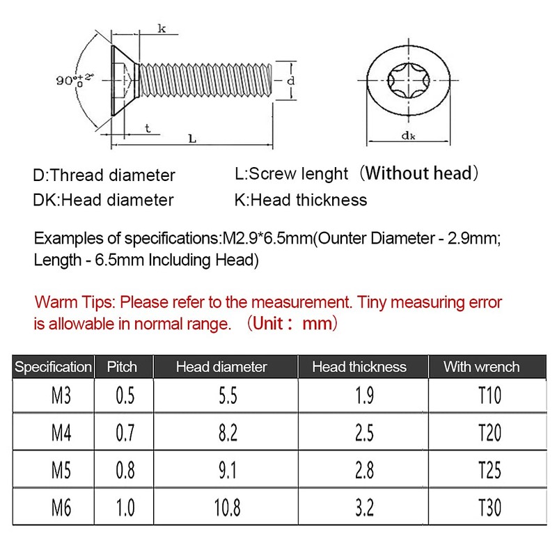BOZONLI Torx Bolts M3 - TX Socket Countersunk Machine Screws