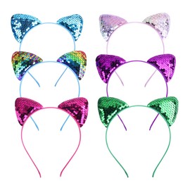 6 PCS Reversible Sequin Cat Ears Headband Hair Bands Hoops Cosplay Props Hair Accessories for Women Girls Children Multicolor