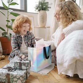 huichuan Set of 12 Iridescent Gift Bags - Holographic Bags with Handles, Non-woven Large Reusable Gift Bag for Wedding, Holiday, Party - 12.6x4.7x11 In