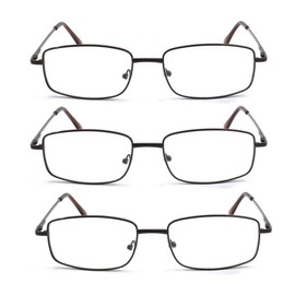 EYE ZOOM 3 Pack Extra Wide Rectangular Metal Reading Glasses for Men and Women (Brown, +2.50)