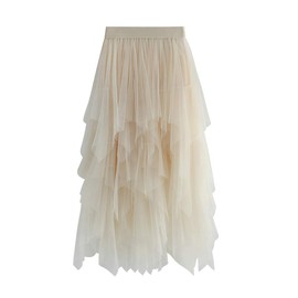 Geagodelia F-47737 Tulle Skirt, Women's / Girls’ Elegant Soft Knee-Length Summer, Vintage Tutu / Ruffle, One Size (36 / 38 / 40). - beige, size: 36-40