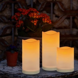 JOHOO Solar Candles Outdoor Waterproof Set of 3 Flameless Pillar Candles with Flickering LED, 3’’x4‘’/5‘’/6’’