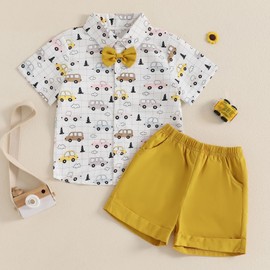 Toddler Infant Baby Boy Summer Gentleman Outfits Short Sleeve Cartoon Print T Shirts Top and Elastic Waist Shorts 2Pcs Tracksuit Sets Formal Clothes for Little Boys (Light Yellow, 3-4 Years)