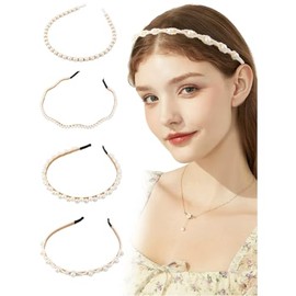 BEAMARKER 4Pcs Pearls Fashion Headbands Women White Artificial Pearl Bridal Hair Hoop Simple Design Sparkly Beaded Hair Accessories for Party Wedding Birthday Prom Holiday Photoshoots