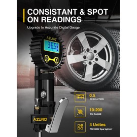 AZUNO Digital Tire Inflator with Pressure Gauge, 200 PSI, Heavy Duty Air Compressor Accessories, with Rubber Hose Lock on Air Chuck and Quick Connect Coupler, Comes with a Portable Carrying Box
