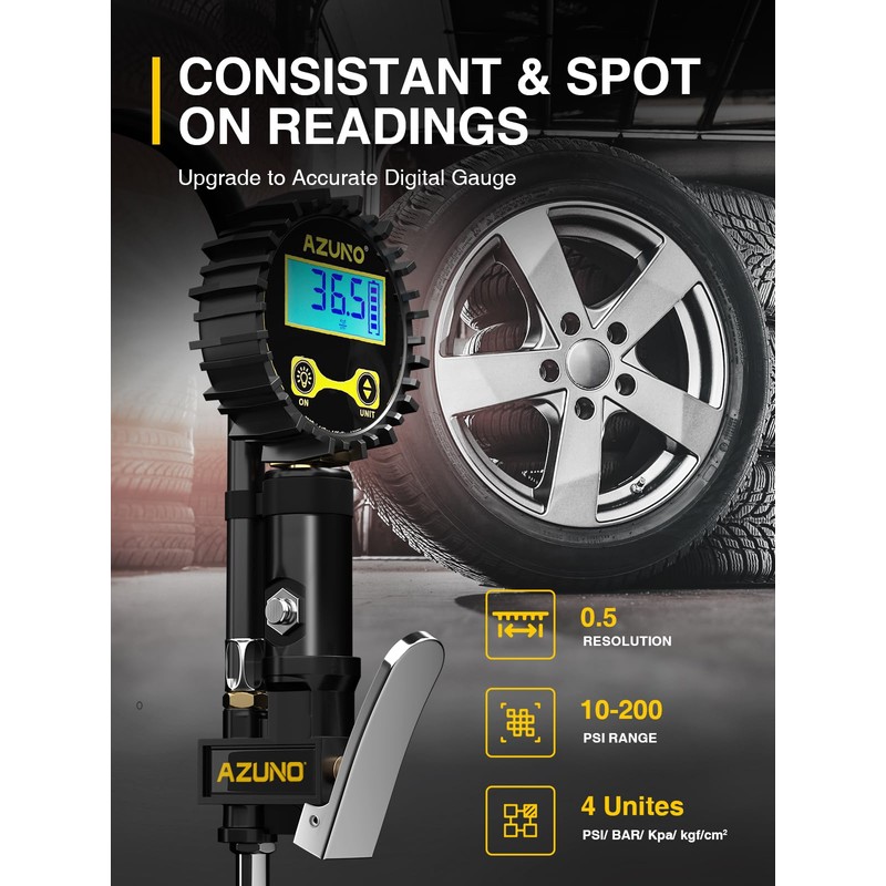 AZUNO Digital Tire Inflator with Pressure Gauge, 200 PSI, Heavy