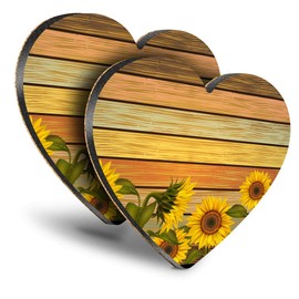 Destination Vinyl ltd Great Coasters (Set of 2) Heart - Sunflowers on Rustic Wood Flowers Sun Drink Glossy Coasters/Tabletop Protection for Any Table Type #14663