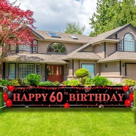 9.8x1.6FT Black Red Happy 60th Birthday Yard Banner,Red Birthday Backdrop Porch Sign,Black Red Large Red Birthday Yard Sign Banner,Birthday Party Supplies Photo Background for Children Men Women.