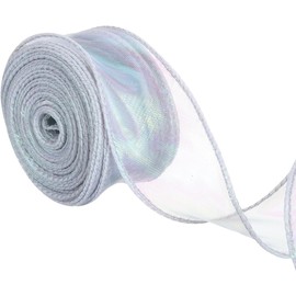 TOP-VIGOR 4cm Wide Sparkly Sheer Wired Organza Ribbon, 10 Yard Pastel Shimmer Polyester Iridescent Chiffon Ribbons for Gift Wrapping Bouquet Wedding Bows Wreaths Decoration, Silver