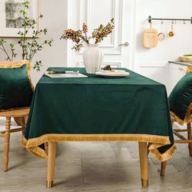 Velvet Tablecloth Luxurious Green Rectangle Table Tablecloth Thickset with Luxurious Gold Tassels Table Cloth for Home Decor Christmas Wedding, Party, Banquet and Events 55X102inch