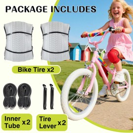 2 Pack 16/18/20 x 2.125 Bike tire White Color with Tubes and Tire Levers 16/18/20 Inch Bike tire Kids Folding Replacement Bicycle Tires Fits Most Kids Bikes and BMX Tires (20X2.125)
