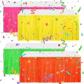 VitalCozy 4 Pcs Neon Party Metallic Tinsel Foil Fringe Table Skirts for Rectangle Tables 29 x 108 Inch Neon Party Streamer Garland Curtains Backdrop for Xmas Wedding Birthday Party Decor