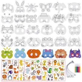 Pack of 34 Masks for Colouring, Children's Masks for Painting, Children's Masks, Crafts, Children, Paper, Children, Animal Mask Set with Children, Animal Tattoo Stickers for Jungle Party, All Saints'