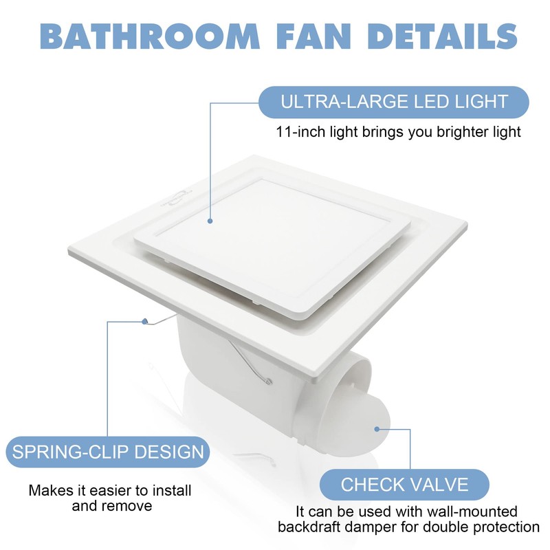 POWERENG Bathroom Exhaust Fan with Light,Bathroom Fan with 6000K Square