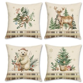 Bonhause Winter Christmas Cushion Covers 45 x 45 cm Bear Reindeer Pine Trees Leaves Plaid Decorative Throw Pillow Covers for Sofa Couch Bed Home Xmas Holiday Decor Set of 4