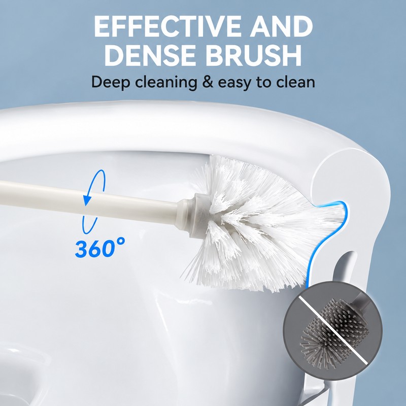 Long Handle Toilet Brush with Holder – 360° Round Bristle