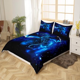 Feelyou Galaxy Dragon Duvet Cover Kids Chic Outer Space Starry Sky Bedding Set Jungle Animals Dragon Comforter Cover for Boys Children Teens Bedroom Decor Blue Black Bedspread Cover Twin Size