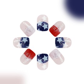 Independence Day Press on Nails Square Short Fake Nails with Glitter Star Designs Red White Blue French Tip Nails Press ons 4th of July Acrylic Nails Nude False Nails Stick on Nails for Women 24Pcs