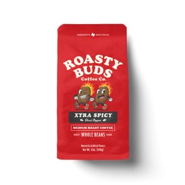 Roasty Buds Xtra Spicy Ghost Pepper Coffee | Premium Arabica Whole Beans, The Original Spicy Coffee (12 oz) | Gluten-Free, No Sugar/Dairy/Soy/Egg, Medium Roast Coffee (12 Ounce, Xtra Spicy Ghost Pepper)
