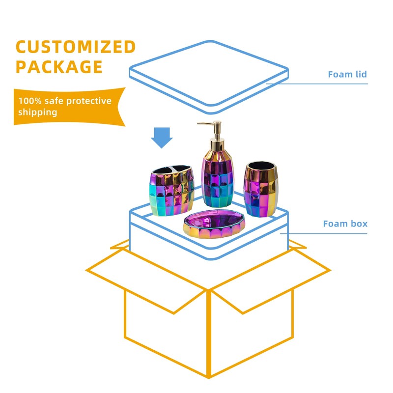 Rainbow Bathroom Accessory Set, Colorful/Gold Mosaic Ceramic Bathroom Accessories Sets