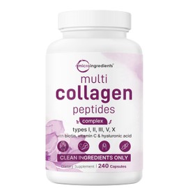 Micro Ingredients Multi Collagen Pills for Women & Men, 240 Capsules | Type I, II, III, V, X | Hydrolyzed Peptides with Biotin, Hyaluronic Acid, & Fat Soluble Vitamin C Complex | Non-GMO, Filler Free