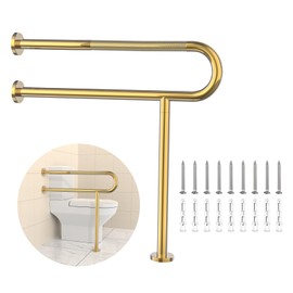 Toilet Grab Bar 31.3 Inch, YuanDe Grab Bar Toilet Wall Mount, Brushed Gold Anti-Slip Toilet Support Bars, Stainless Steel Knurled Handicap Grab Bar with Leg, Toilet Handles for Elderly and Disabled