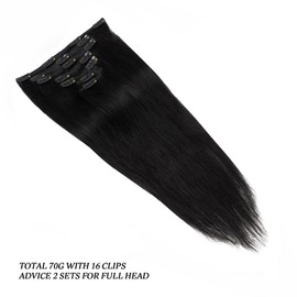 16 inches Clip in Hair Extensions Remy Human Hair - 70g 7pcs 16 Clips Straight Thick 100% Real Human Hair Extensions for Women Natural Black #1B Color