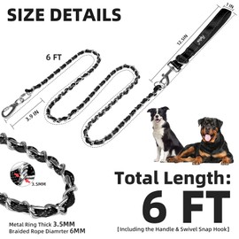 PUPTECK Chain Dog Leash Chew Proof, 2-in-1 Reflective with Soft Padded Handle for Medium Large Dogs, Durable Heavy Duty Metal Chain Anti Bite Dog Rope Walking Training Leashes, 6 FT Black