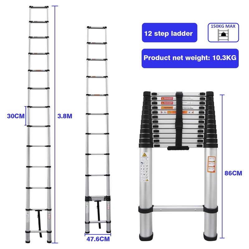 12.5FT Telescoping Ladder Aluminum Telescopic Extension Ladder One Button Retraction