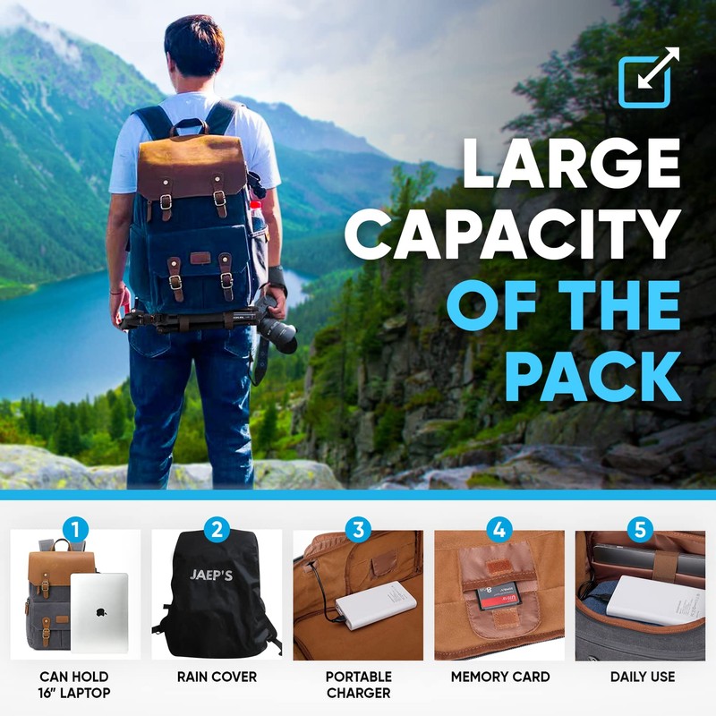 JAEP Camera Backpack - Weather Resistant 16 Ounces Waxed Memory