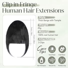 Clip in Fringe Human Hair Jet Black Bangs Fringe Clip in Hair Extensions Clip on Thick Bangs Remy Human Hair Extensions Short Hairpieces for Women Clip in Bangs Fringe
