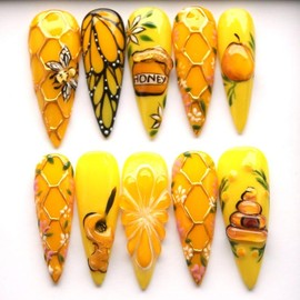 Ausora Nail Press On Nails Honey Bee Yellow Stiletto Summer Nails with 3D Honeycomb & Flower Art Reusable Long-Wearing Salon-Worthy Look:_L_Short Almond