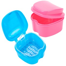 Pack of 2 Braces Cleaner, Prosthesis Box, Dental Box, Storage Box, Braces Box, Denture Box, Denture Container with Hanging Sieve for False Teeth Storage Cleaning - Blue & Pink
