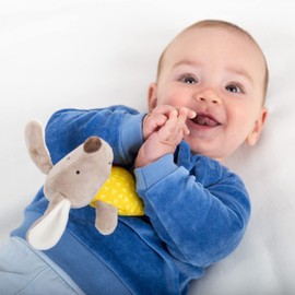 SIGIKID 42799 Rattle Dog Red Stars Girls and Boys Baby Toy Recommended from Birth Yellow/Grey