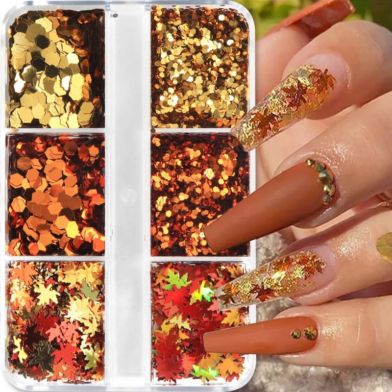 6 Grid Maple Leaf Glitter Nail Charms Autumn Maple Leaves