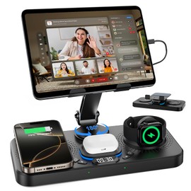 30W Charging Station for Apple Products, Foldable Wireless Charger with Clock Display&7 Color Light, Wired Charging for iPad/Tablet Charging Station for iPhone16, for Apple Watch10 for AirPods4(Black