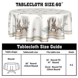 Kawani Spring Easter Tablecloth Round 60 inch Easter Rabbit Table Cloth Round Easter Bunny Tablecloths Washable Holiday Table Covers for Home Kitchen Party Picnic Dinner Tabletop Decoration
