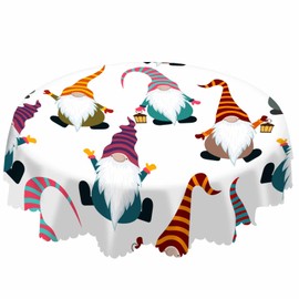 AOYEGO Lovely Gnomes Table Cloth Dwarf in Colorful Hat Funny Cartoon Style Winter Round Tablecloth 60 Inch for Dining Room, Party, Banquet