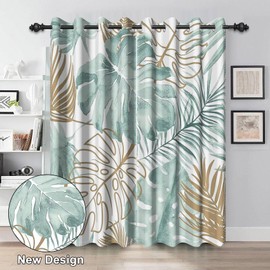 Renaiss Tropical Leaf Blackout Curtains, Green Palm Monstera Leaf Thermal Insulated Bedroom Window Curtains, Botanical Plants Window Drapes for Living Room, 84" L x 53" W 2 Panel Set