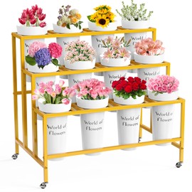 VGMiu Flower Display Stand with 12 Buckets, 3 Layers Flower Cart Gold Metal Flower Bar Stand with Wheels, Moving Florist Bouquet Shelf for Weddings Florist Indoor Outdoor Patio Garden Living Room