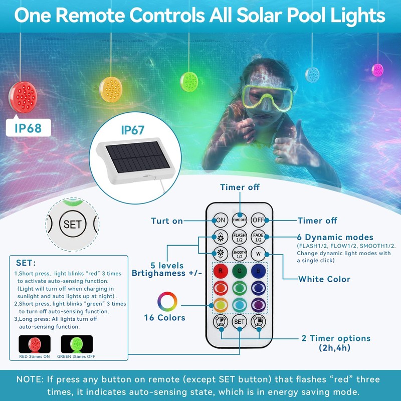 QOLNBY 2-in-1 Solar Pool Lights, USB Rechargeable Pool Lights with