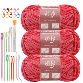 LUNARM 3 * 100g Chenille Yarn, Yarn for Crocheting Knitting with Big Eye Needles, Handcrafts Weaving Soft Chenille Yarn for Making Blankets, Clothes, Pattern Knitting Creations (Bright Red)