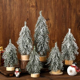Sosation 6 Pcs Norfolk Pine Tabletop Christmas Tree 6 Size Mini Christmas Tree Small Xmas Trees with Wooden Bases with Spray Snow Separate for Desk or Table Decor- Easy Setup Holiday Decorations