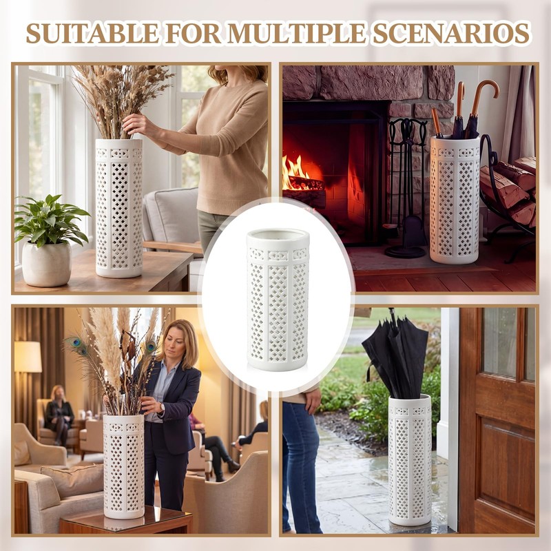 Sawysine White Ceramic Umbrella Stand with Hollow-out Design Heavy Porcelain
