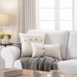 Meekio Set of 2 Ivory Square Pillow Covers 20 x 20 Farmhouse Boho Pillow Covers with Coconut Buttons for Sofa Couch Living Room Bedroom Farmhouse Décor for The Home