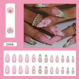 Long Stiletto Press on Nails Summer Flowers French Tip Fake Nails with 3D Flower Design Reusable Acrylic False Nails Full Cover Ballerina Artificial on Nail for Women Girls Wedding Party Daily Nail